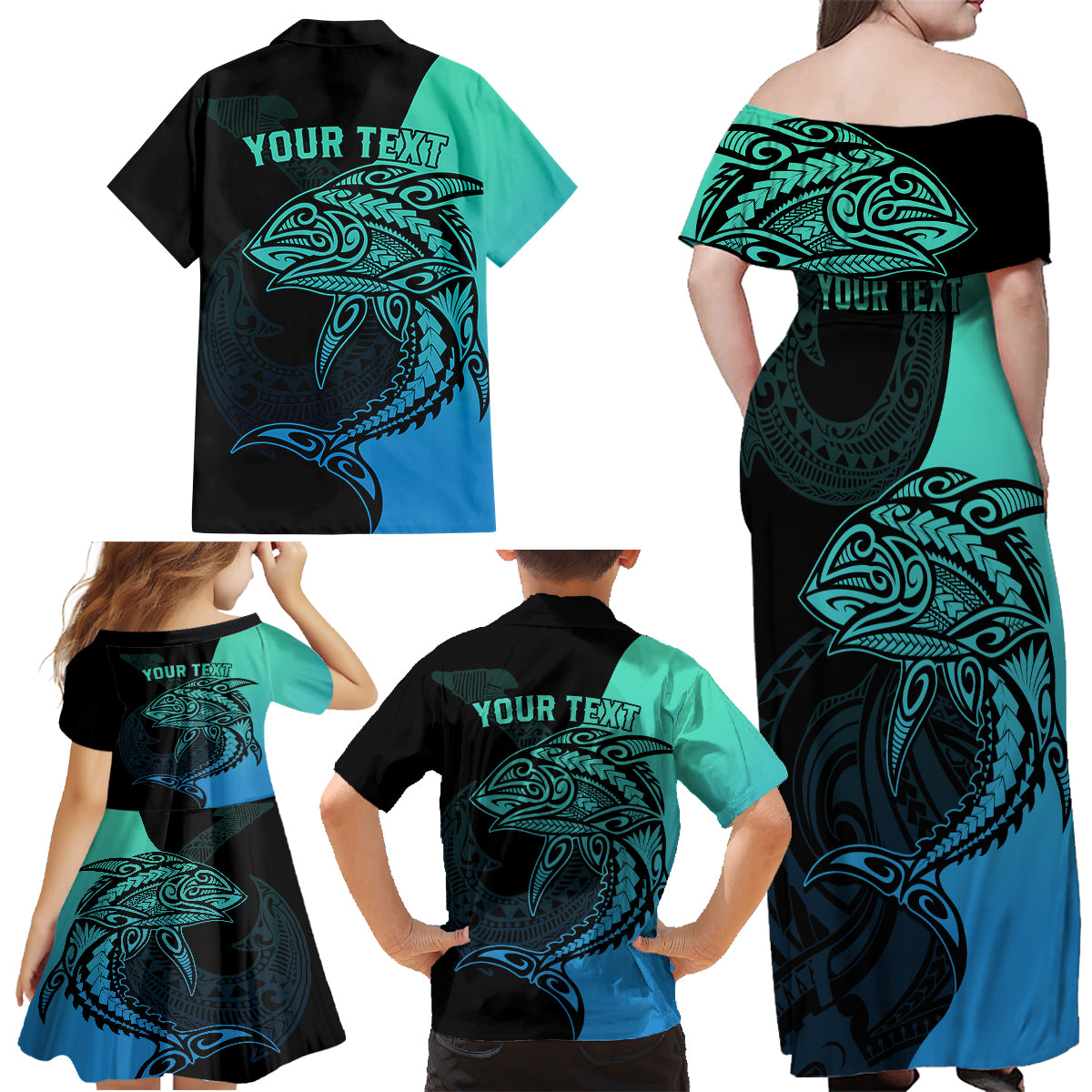 Personalised Polynesia Fishing Family Matching Off Shoulder Maxi Dress and Hawaiian Shirt With Maori Hei Matau Fish Hook Turquoise Art LT9 - Polynesian Pride