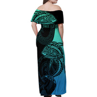 Personalised Polynesia Fishing Family Matching Off Shoulder Maxi Dress and Hawaiian Shirt With Maori Hei Matau Fish Hook Turquoise Art LT9 - Polynesian Pride