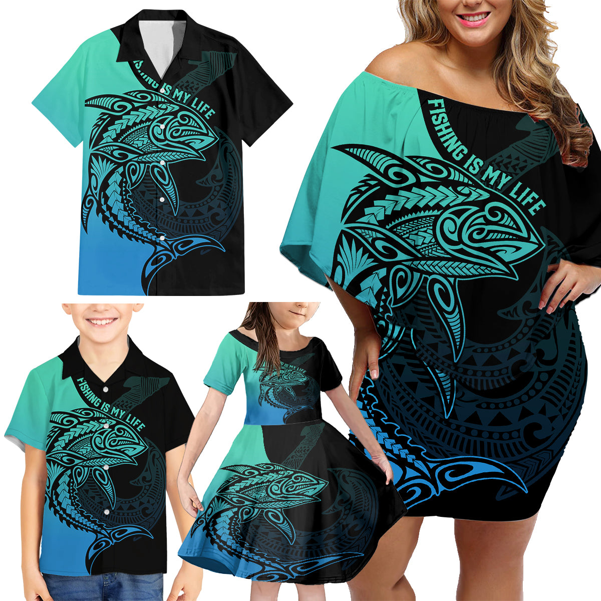 Personalised Polynesia Fishing Family Matching Off Shoulder Short Dress and Hawaiian Shirt With Maori Hei Matau Fish Hook Turquoise Art LT9 - Polynesian Pride