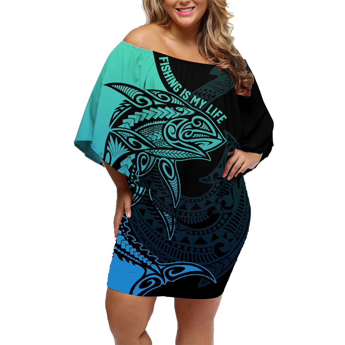 Personalised Polynesia Fishing Family Matching Off Shoulder Short Dress and Hawaiian Shirt With Maori Hei Matau Fish Hook Turquoise Art LT9 Mom's Dress Turquoise - Polynesian Pride