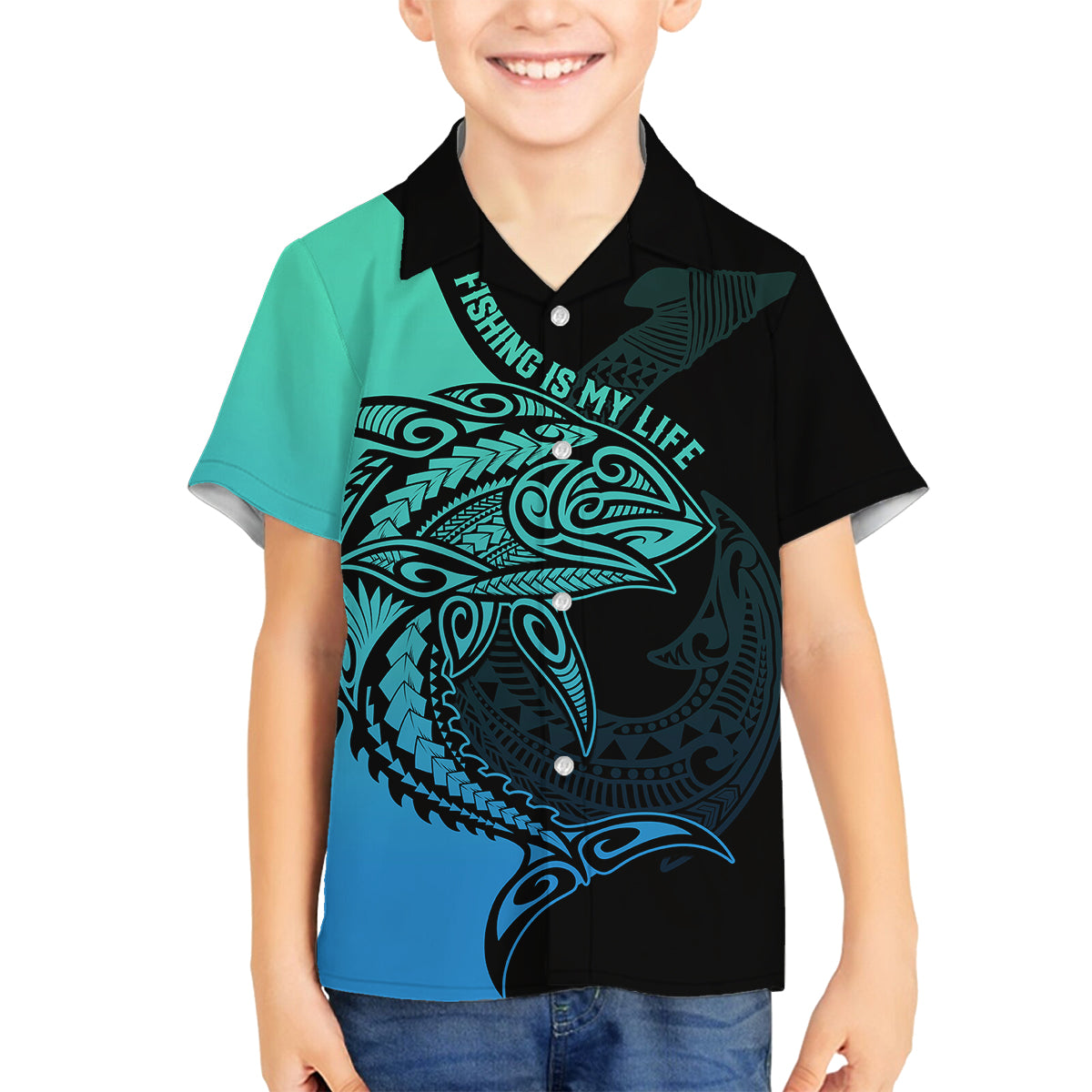 Personalised Polynesia Fishing Family Matching Off Shoulder Short Dress and Hawaiian Shirt With Maori Hei Matau Fish Hook Turquoise Art LT9 Son's Shirt Turquoise - Polynesian Pride