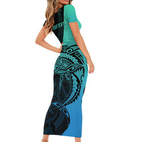 Personalised Polynesia Fishing Family Matching Short Sleeve Bodycon Dress and Hawaiian Shirt With Maori Hei Matau Fish Hook Turquoise Art LT9 - Polynesian Pride