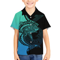 Personalised Polynesia Fishing Family Matching Short Sleeve Bodycon Dress and Hawaiian Shirt With Maori Hei Matau Fish Hook Turquoise Art LT9 Son's Shirt Turquoise - Polynesian Pride