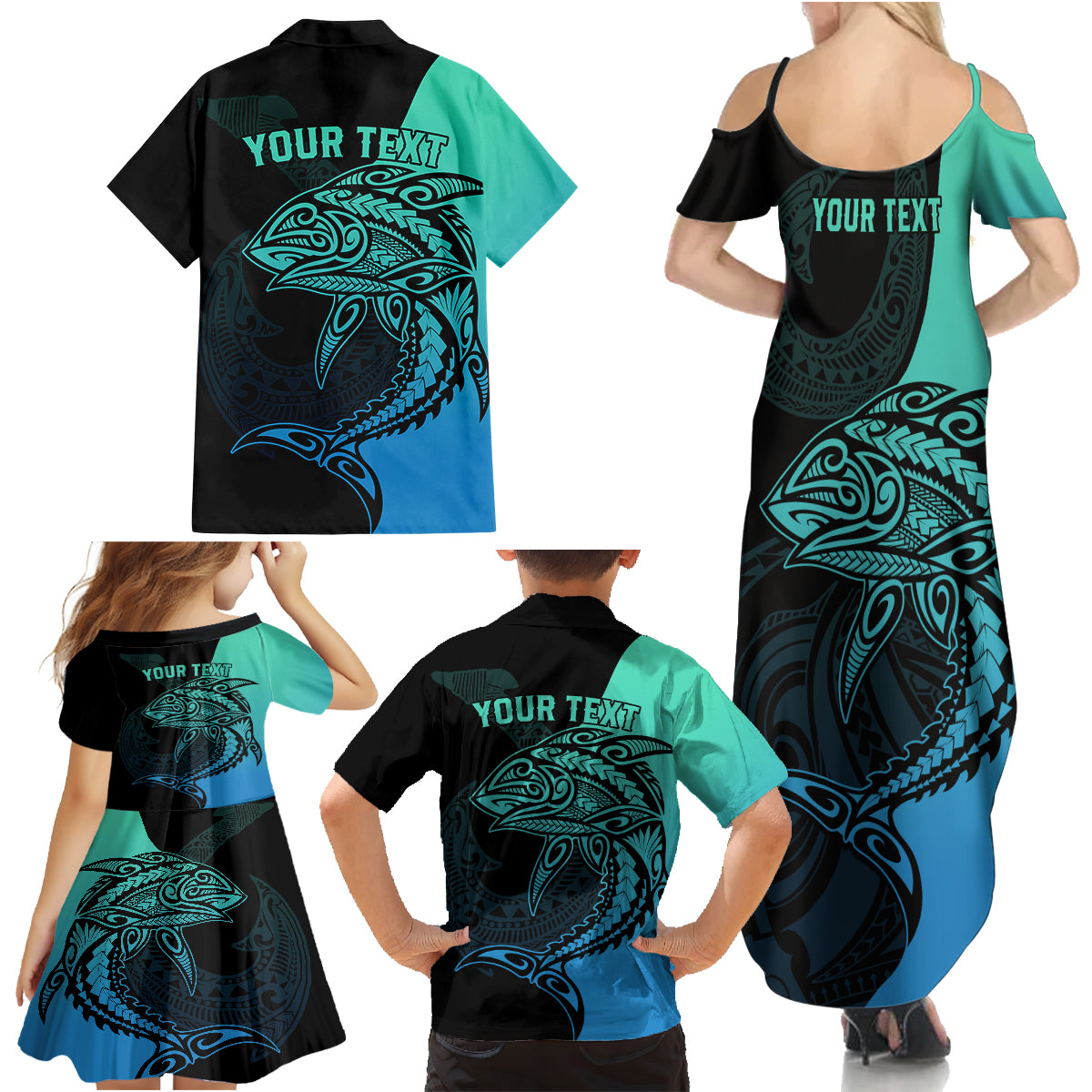 Personalised Polynesia Fishing Family Matching Summer Maxi Dress and Hawaiian Shirt With Maori Hei Matau Fish Hook Turquoise Art LT9 - Polynesian Pride