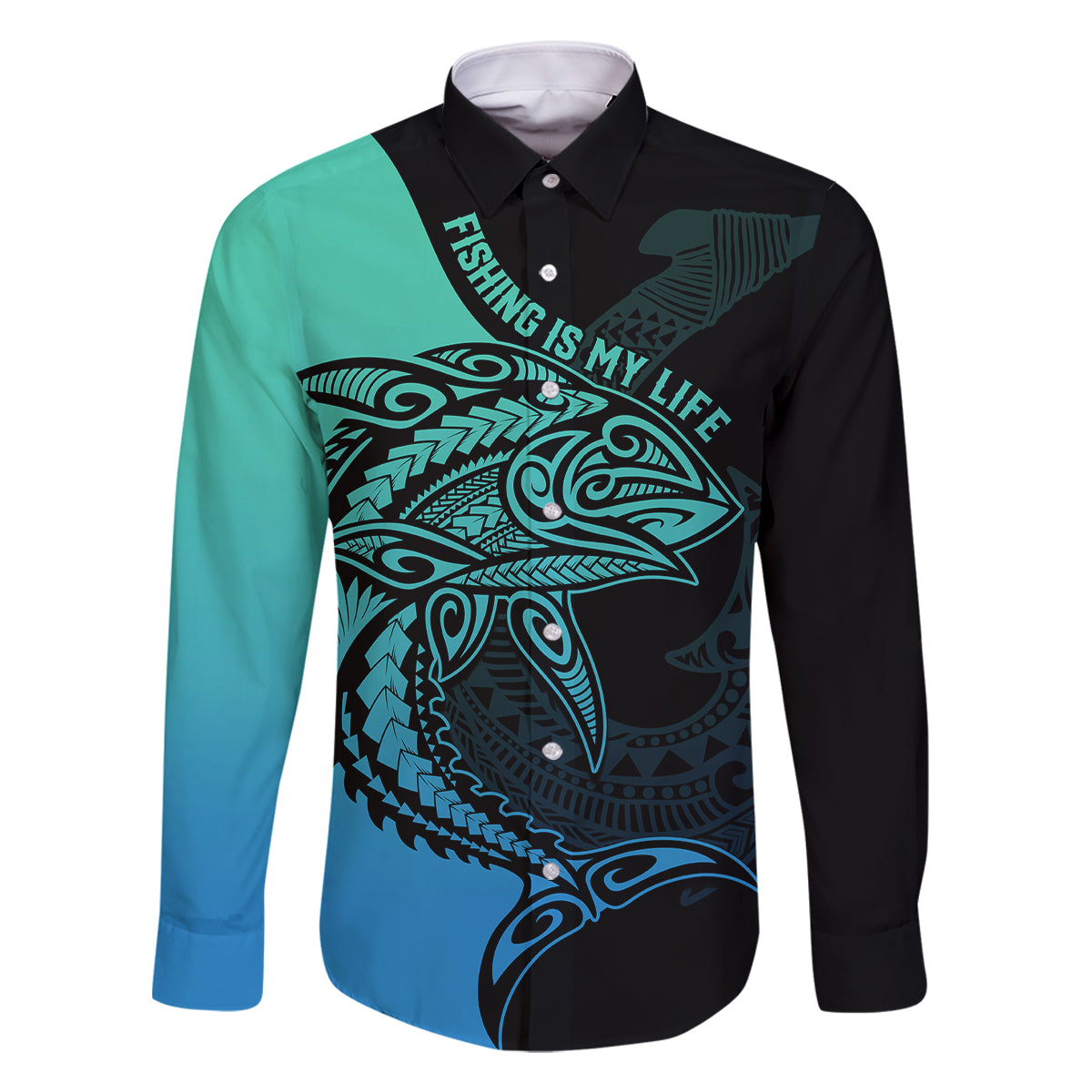 Personalised Polynesia Fishing Family Matching Tank Maxi Dress and Hawaiian Shirt With Maori Hei Matau Fish Hook Turquoise Art LT9 Dad's Shirt - Long Sleeve Turquoise - Polynesian Pride