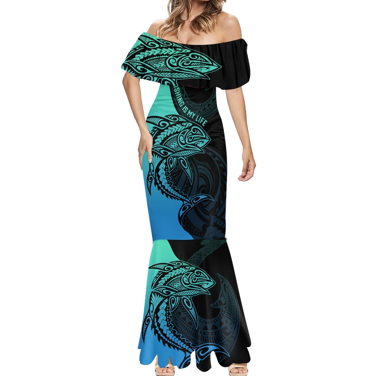 Personalised Polynesia Fishing Mermaid Dress With Maori Hei Matau Fish Hook Turquoise Art LT9 - Polynesian Pride