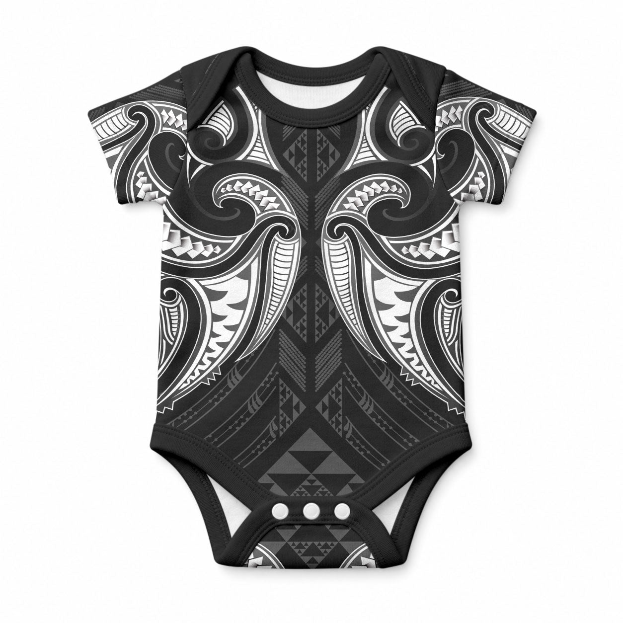 Maori Rugby Custom Ngaru Mangopare Baby Onesie Black Whetu Niho Taniwha Motif LT9 Black - Polynesian Pride