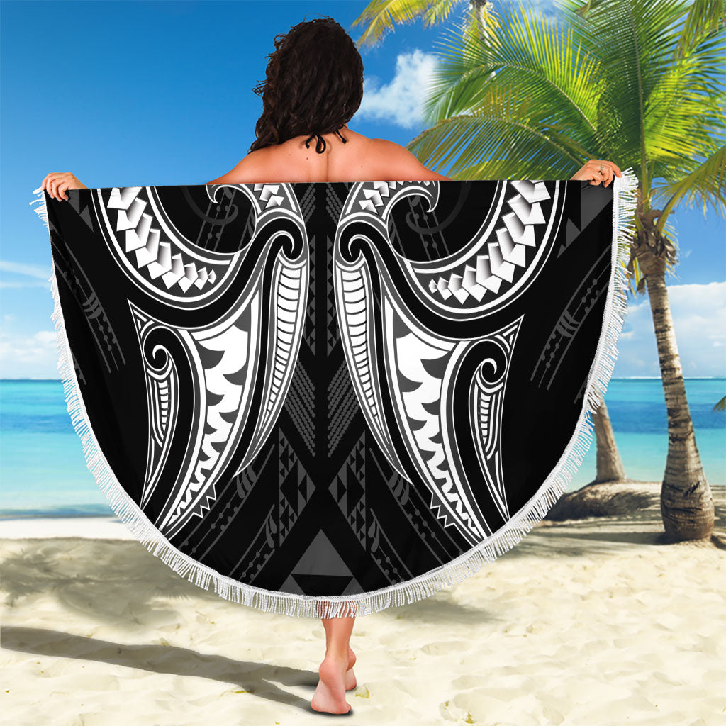 Maori Rugby Custom Ngaru Mangopare Beach Blanket Black Whetu Niho Taniwha Motif LT9 - Polynesian Pride
