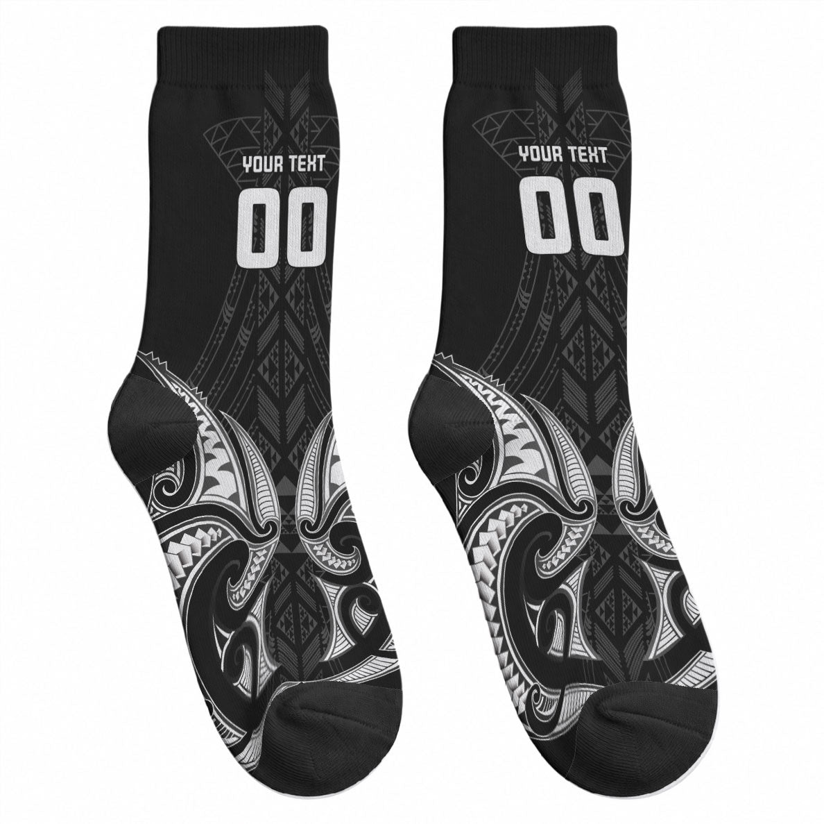 Maori Rugby Custom Ngaru Mangopare Crew Socks Black Whetu Niho Taniwha Motif LT9 - Polynesian Pride