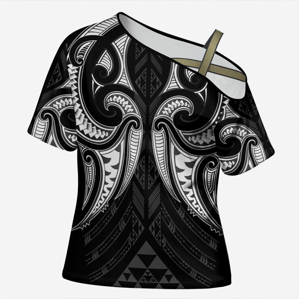 Maori Rugby Custom Ngaru Mangopare Cross Shoulder Shirt Black Whetu Niho Taniwha Motif LT9 Female Black - Polynesian Pride