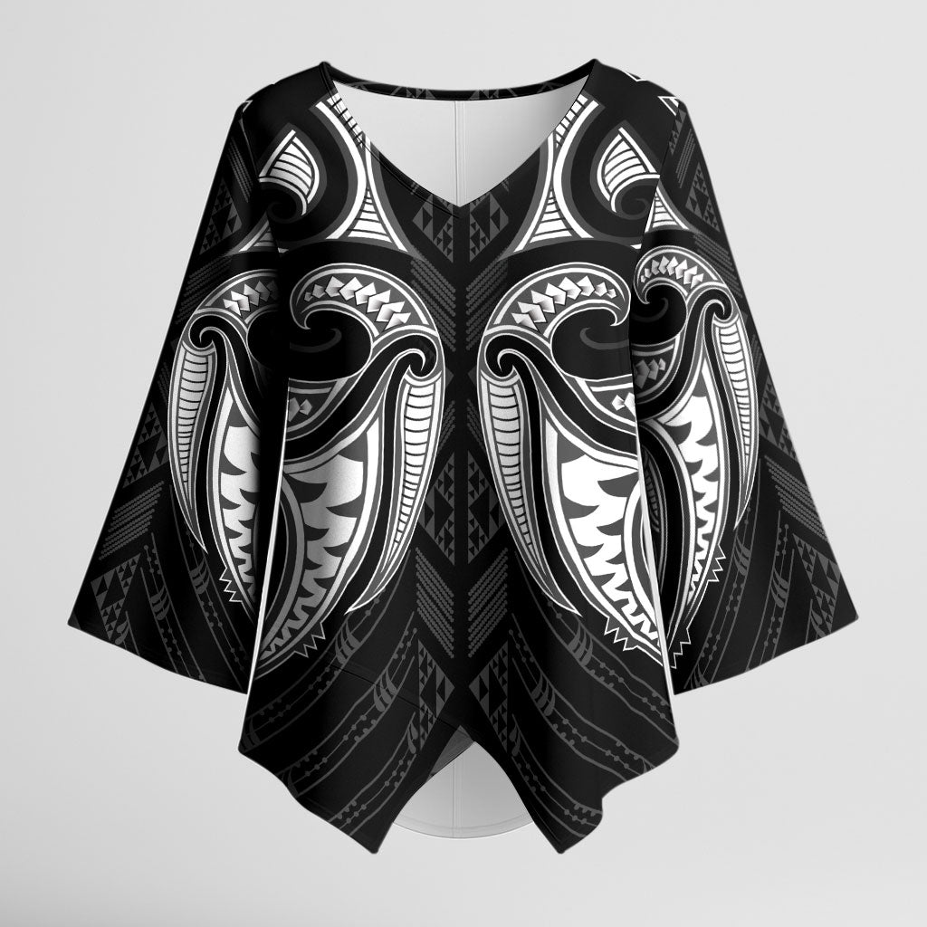 Maori Rugby Custom Ngaru Mangopare Kimono Sleeve Blouse Black Whetu Niho Taniwha Motif LT9 Female Black - Polynesian Pride