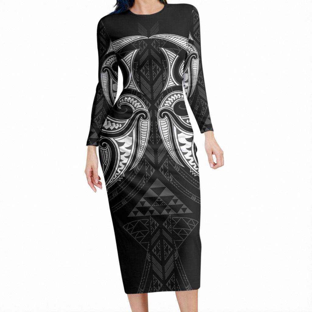 Maori Rugby Custom Ngaru Mangopare Long Sleeve Bodycon Dress Black Whetu Niho Taniwha Motif LT9 Long Dress Black - Polynesian Pride