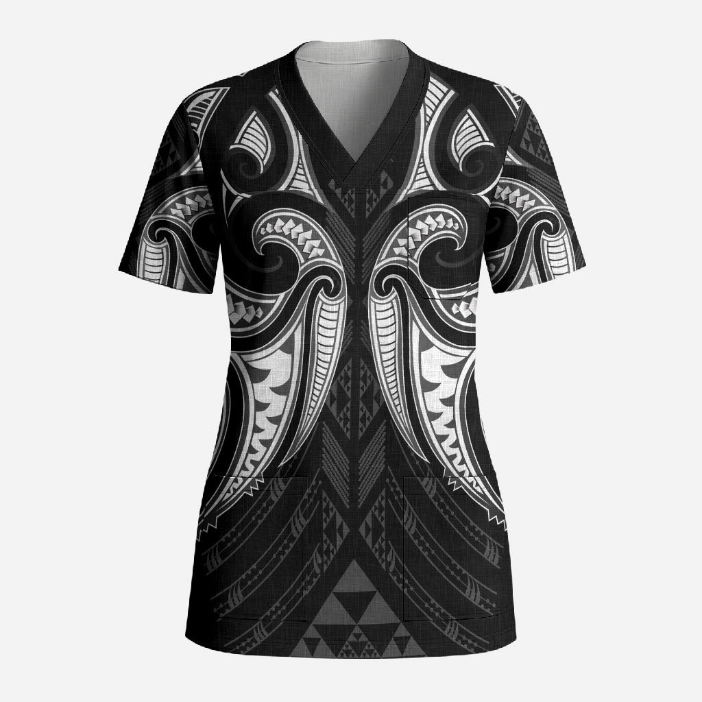 Maori Rugby Custom Ngaru Mangopare Scrub Top Black Whetu Niho Taniwha Motif LT9 Adult Black - Polynesian Pride