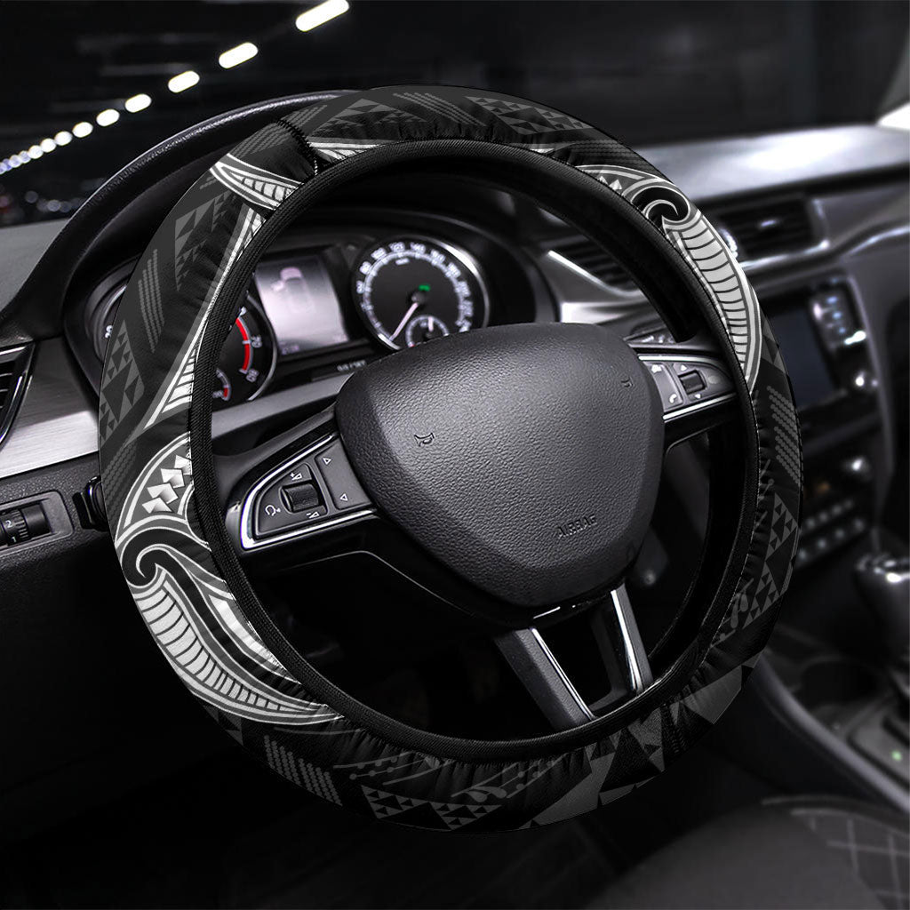 Maori Rugby Ngaru Mangopare Steering Wheel Cover Black Whetu Niho Taniwha Motif LT9 Universal Fit Black - Polynesian Pride