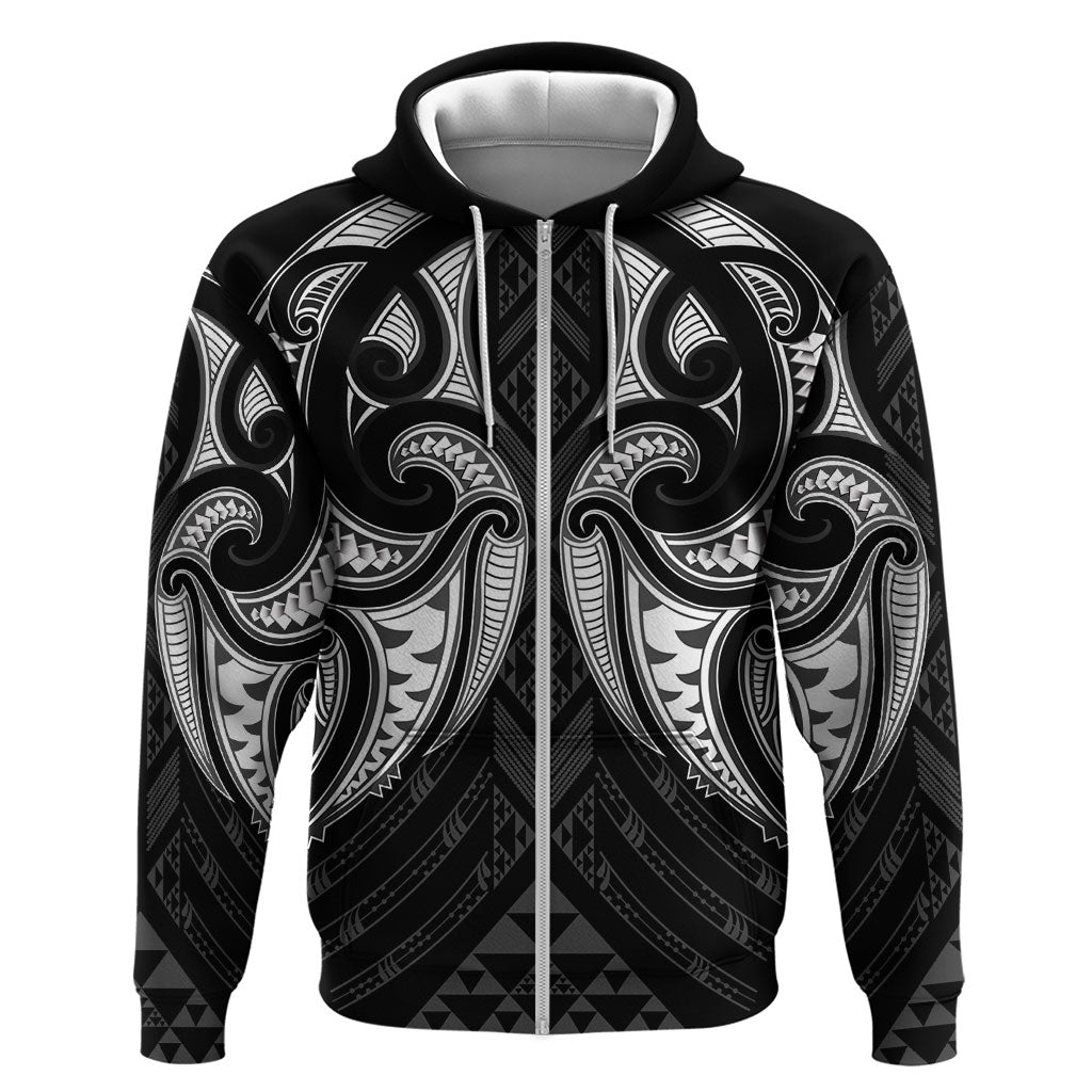 Maori Rugby Custom Ngaru Mangopare Zip Hoodie Black Whetu Niho Taniwha Motif LT9 Zip Hoodie Black - Polynesian Pride