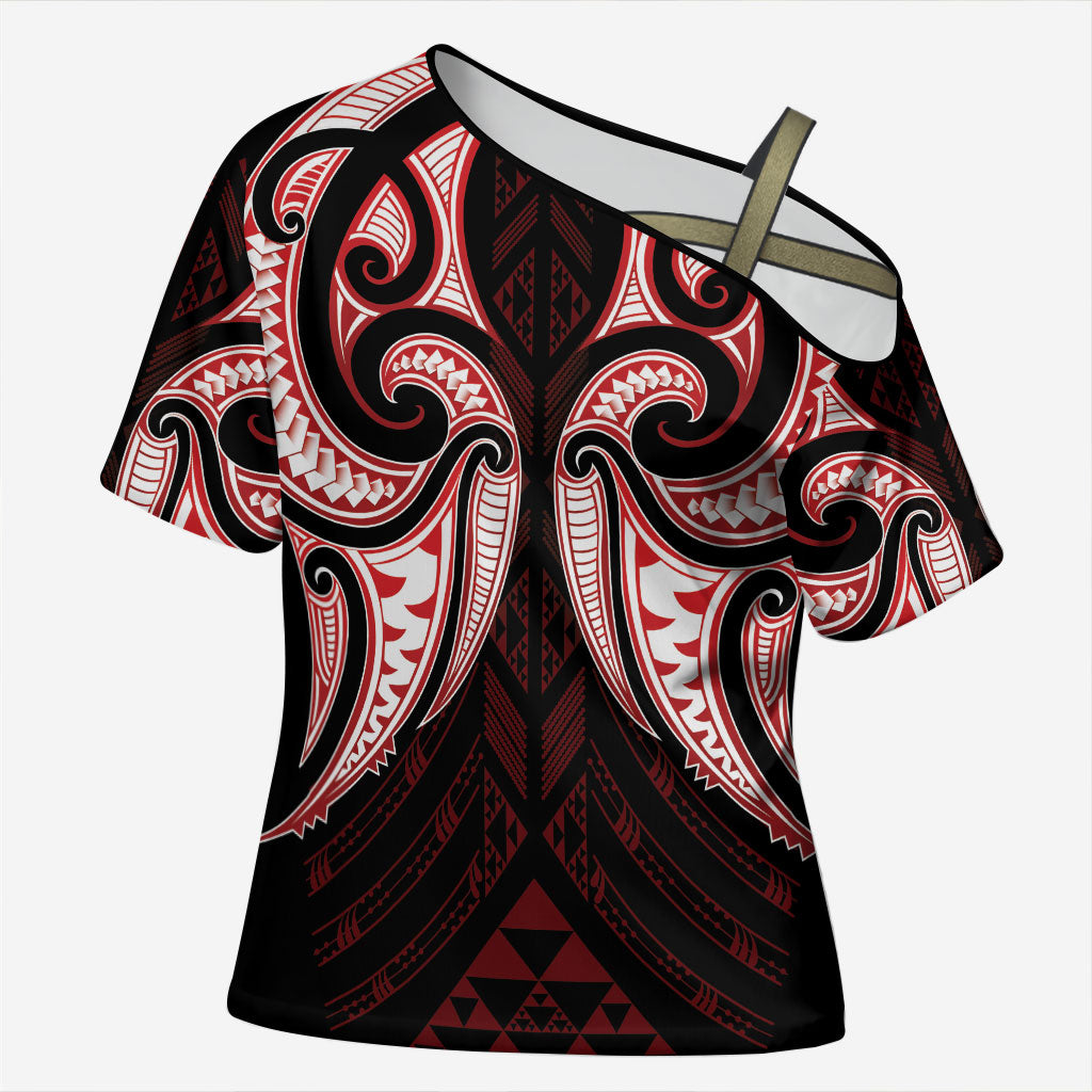 Maori Rugby Custom Ngaru Mangopare Cross Shoulder Shirt Black Red Whetu Niho Taniwha Motif LT9 Female Red - Polynesian Pride