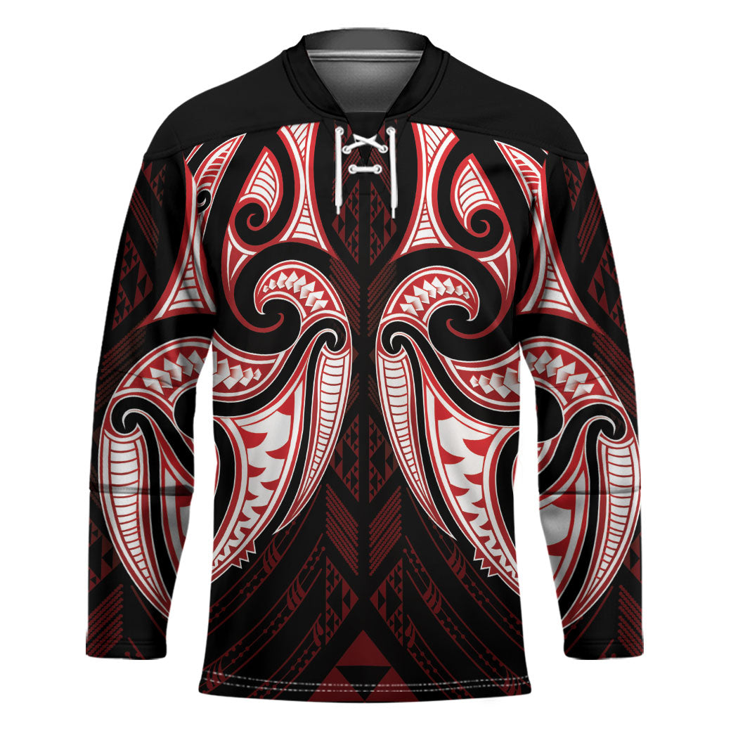 Maori Rugby Custom Ngaru Mangopare Hockey Jersey Black Red Whetu Niho Taniwha Motif LT9 Unisex Red - Polynesian Pride