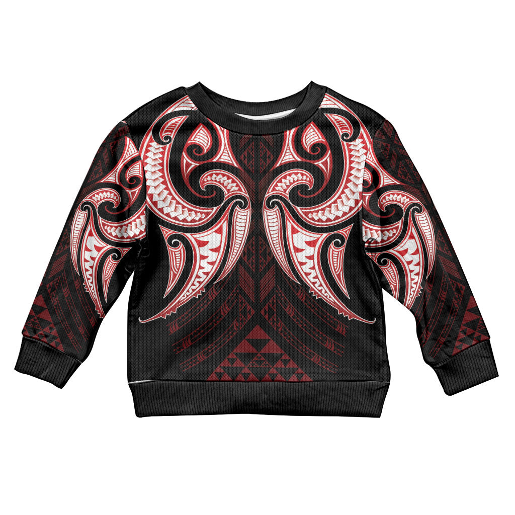 Maori Rugby Custom Ngaru Mangopare Kid Ugly Christmas Sweater Black Red Whetu Niho Taniwha Motif