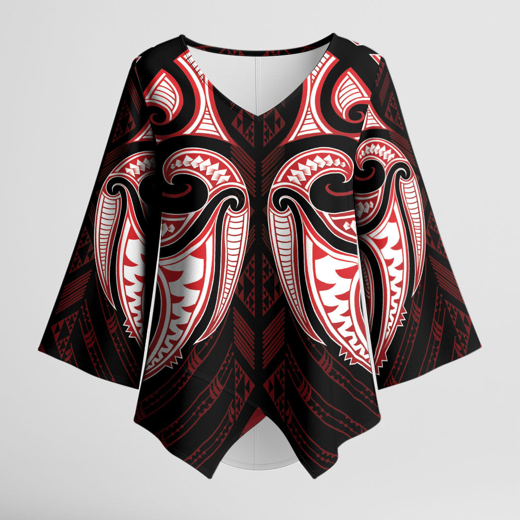 Maori Rugby Custom Ngaru Mangopare Kimono Sleeve Blouse Black Red Whetu Niho Taniwha Motif LT9 Female Red - Polynesian Pride