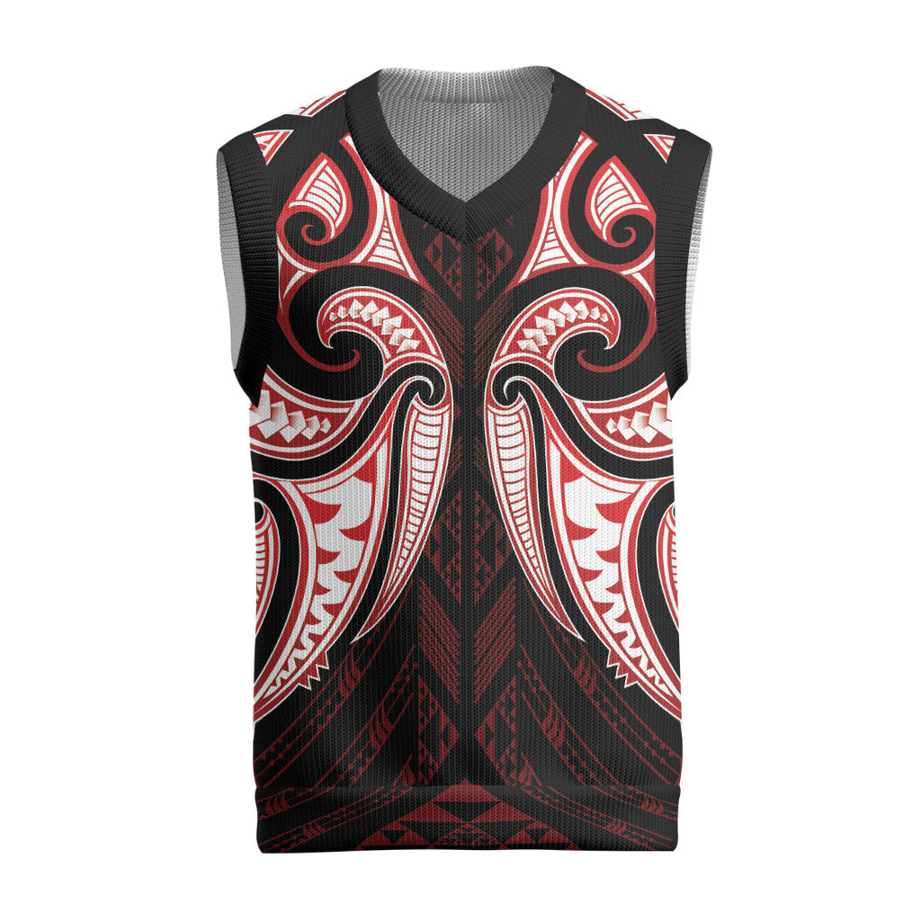 Maori Rugby Custom Ngaru Mangopare Christmas Knitted V-Neck Vest Black Red Whetu Niho Taniwha Motif