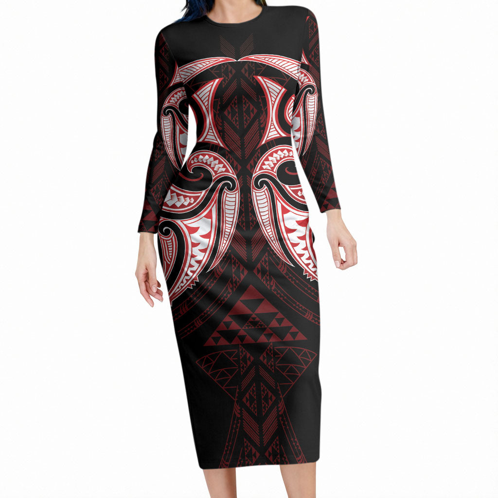 Maori Rugby Custom Ngaru Mangopare Long Sleeve Bodycon Dress Black Red Whetu Niho Taniwha Motif LT9 Long Dress Red - Polynesian Pride