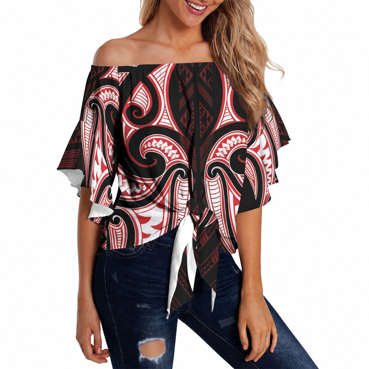 Maori Rugby Custom Ngaru Mangopare Off Shoulder Wrap Waist Top Black Red Whetu Niho Taniwha Motif LT9 Red - Polynesian Pride