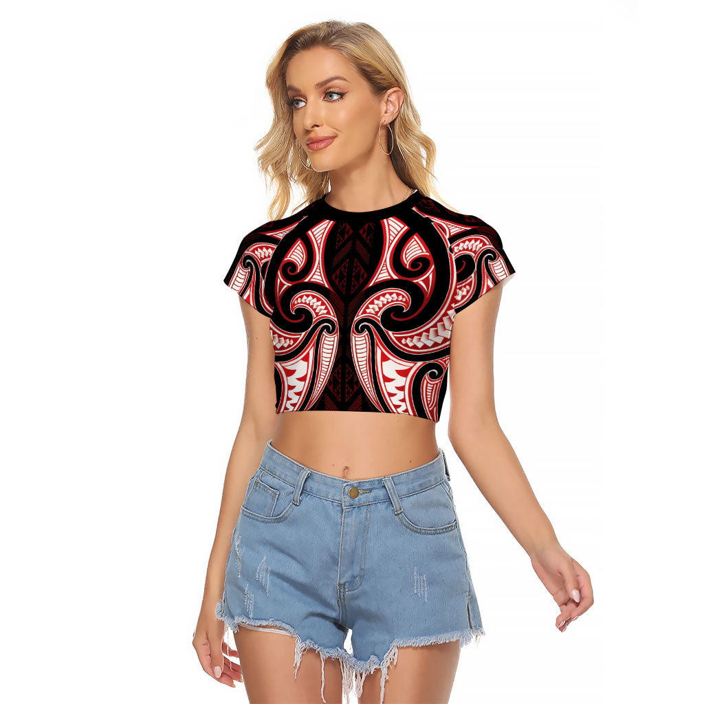 Maori Rugby Custom Ngaru Mangopare Raglan Cropped T Shirt Black Red Whetu Niho Taniwha Motif LT9 Female Red - Polynesian Pride