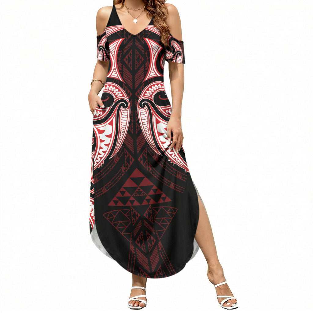 Maori Rugby Custom Ngaru Mangopare Summer Maxi Dress Black Red Whetu Niho Taniwha Motif LT9 Women Red - Polynesian Pride