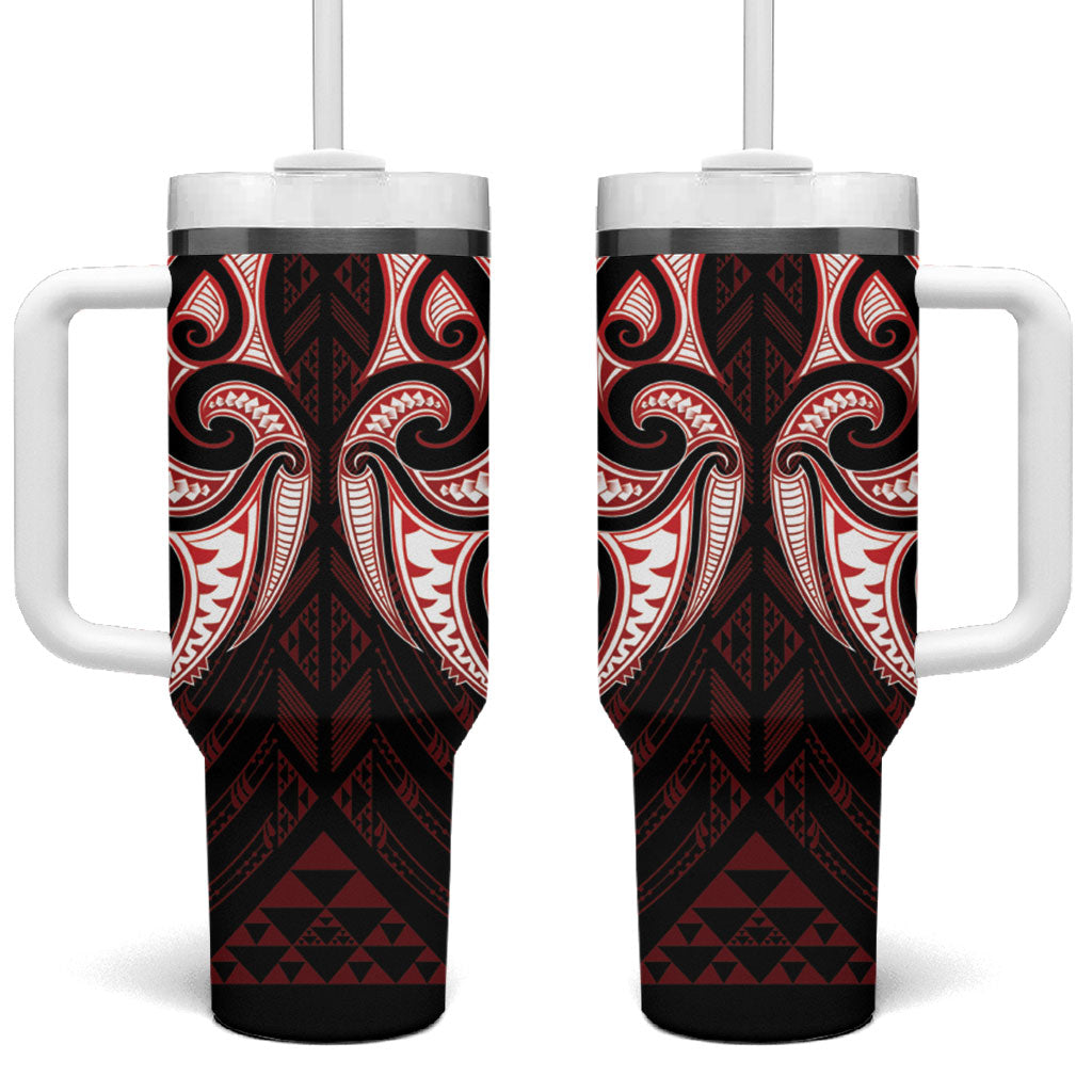 Maori Rugby Custom Ngaru Mangopare Tumbler With Handle Black Red Whetu Niho Taniwha Motif LT9 One Size: 40 oz Red - Polynesian Pride