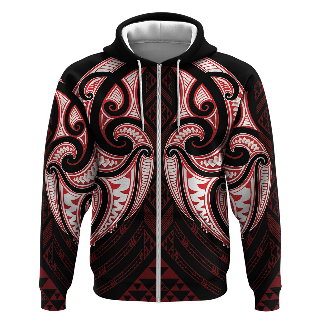Maori Rugby Custom Ngaru Mangopare Zip Hoodie Black Red Whetu Niho Taniwha Motif LT9 Zip Hoodie Red - Polynesian Pride
