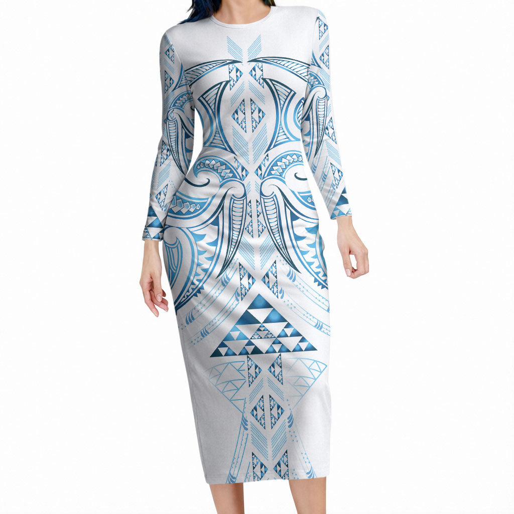 Maori Rugby Custom Ngaru Mangopare Long Sleeve Bodycon Dress Kahui Whetu Niho Taniwha Motif LT9 Long Dress Galaxy - Polynesian Pride
