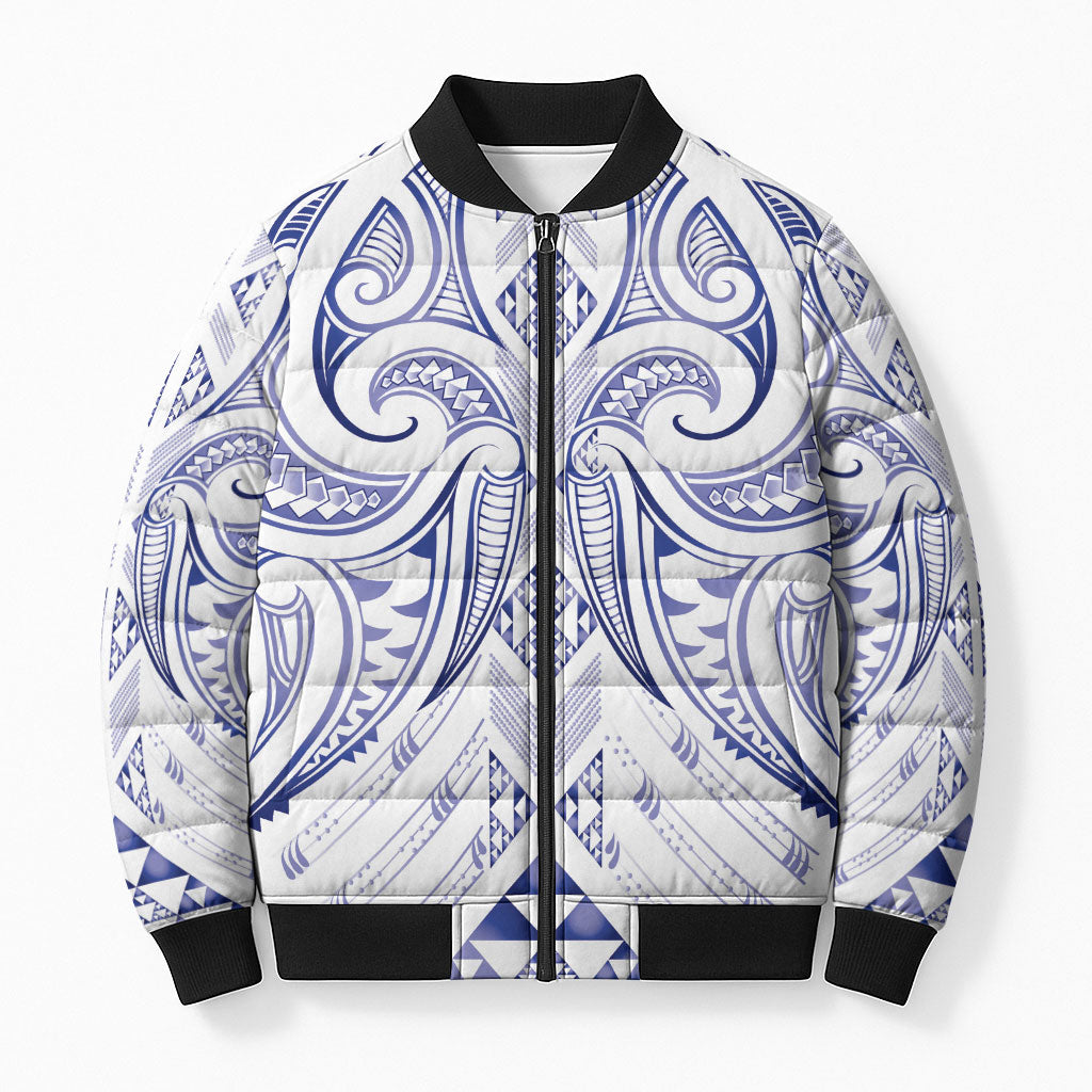 Maori Rugby Custom Ngaru Mangopare Bomber Puffer Jacket Kikorangi Niho Taniwha Motif LT9 Unisex Blue - Polynesian Pride