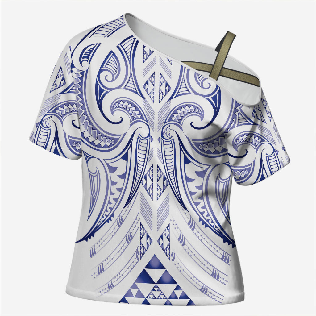 Maori Rugby Custom Ngaru Mangopare Cross Shoulder Shirt Kikorangi Niho Taniwha Motif LT9 Female Blue - Polynesian Pride