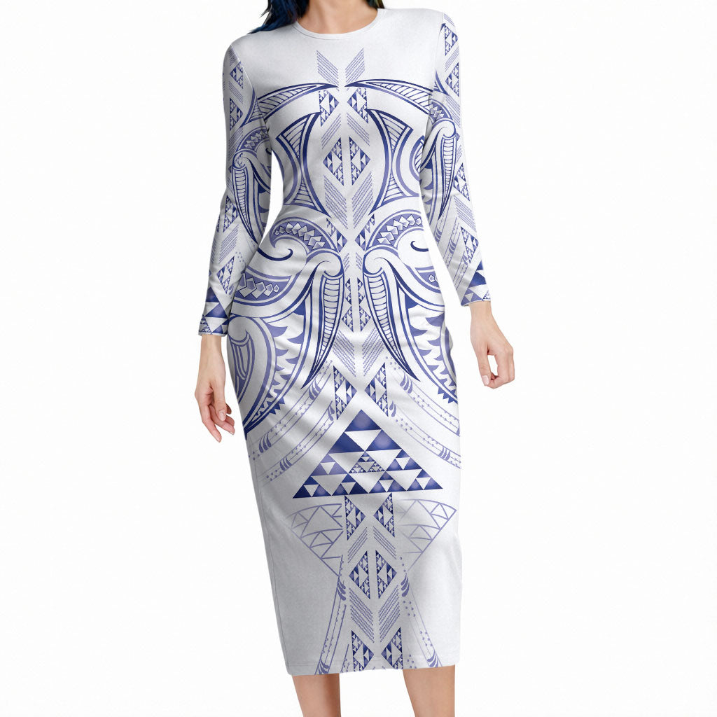 Maori Rugby Custom Ngaru Mangopare Long Sleeve Bodycon Dress Kikorangi Niho Taniwha Motif LT9 Long Dress Blue - Polynesian Pride