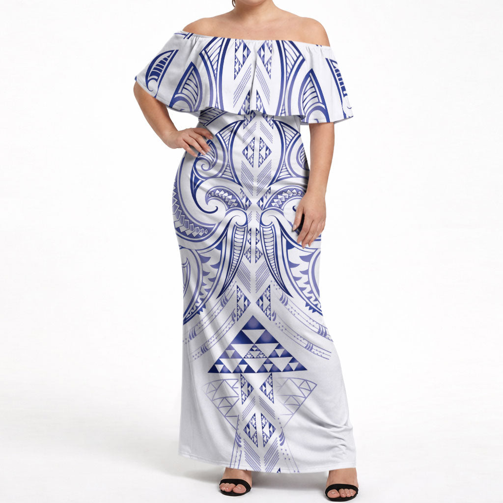 Maori Rugby Custom Ngaru Mangopare Off Shoulder Maxi Dress Kikorangi Niho Taniwha Motif LT9 Women Blue - Polynesian Pride