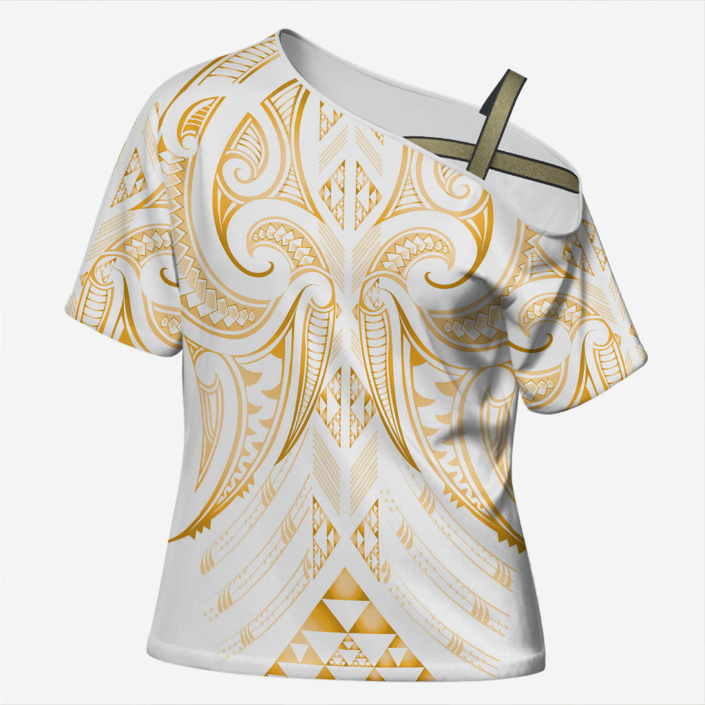 Maori Rugby Custom Ngaru Mangopare Cross Shoulder Shirt Koura Niho Taniwha Motif LT9 Female Gold - Polynesian Pride