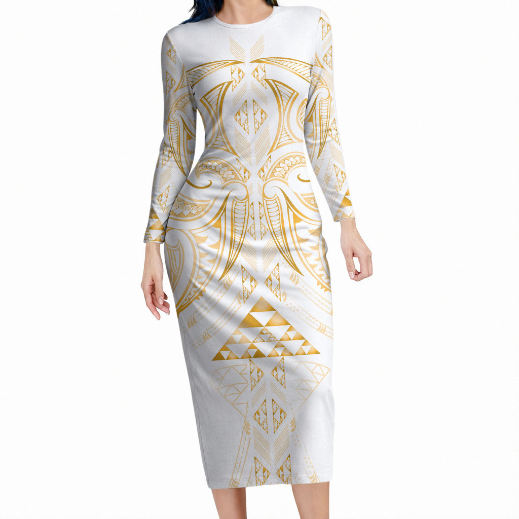 Maori Rugby Custom Ngaru Mangopare Long Sleeve Bodycon Dress Koura Niho Taniwha Motif LT9 Long Dress Gold - Polynesian Pride