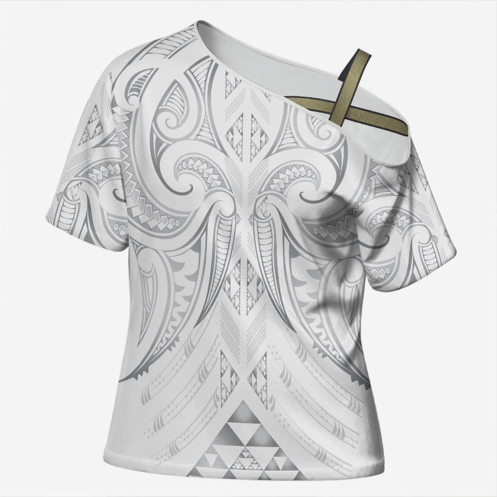 Maori Rugby Custom Ngaru Mangopare Cross Shoulder Shirt Kiwikiwi Niho Taniwha Motif LT9 Female Grey - Polynesian Pride