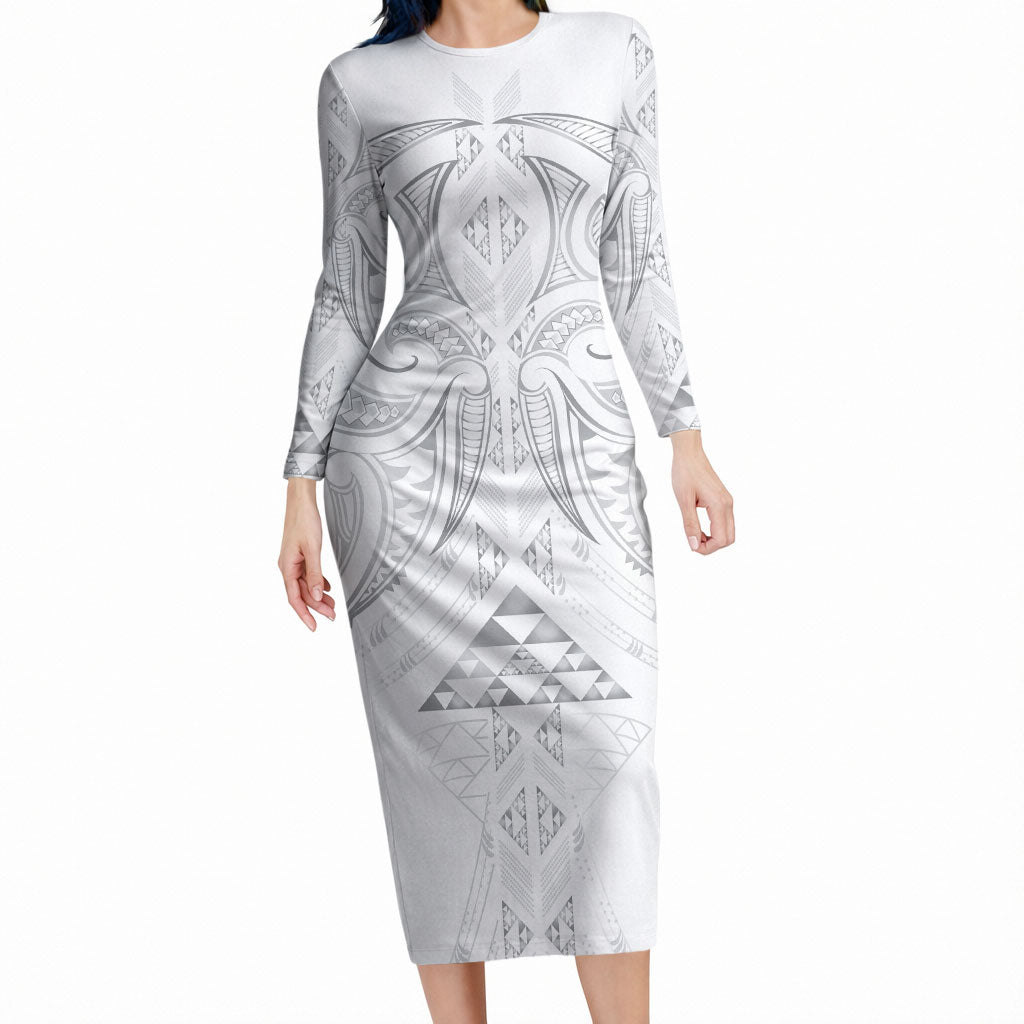 Maori Rugby Custom Ngaru Mangopare Long Sleeve Bodycon Dress Kiwikiwi Niho Taniwha Motif LT9 Long Dress Grey - Polynesian Pride