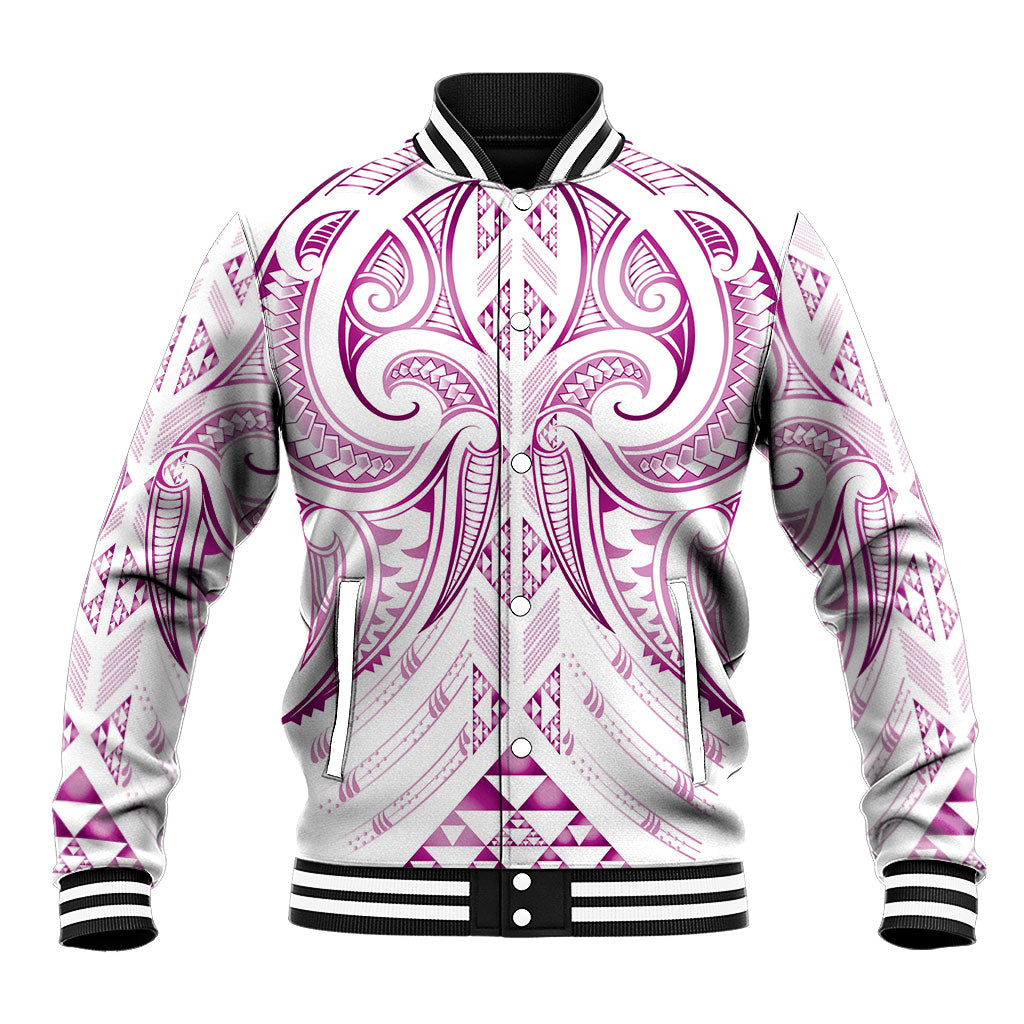 Maori Rugby Custom Ngaru Mangopare Baseball Jacket Mawhero Niho Taniwha Motif LT9 Unisex Pink - Polynesian Pride