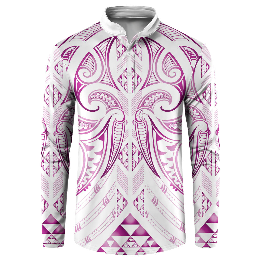 Maori Rugby Custom Ngaru Mangopare Button Sweatshirt Mawhero Niho Taniwha Motif LT9 Pink - Polynesian Pride