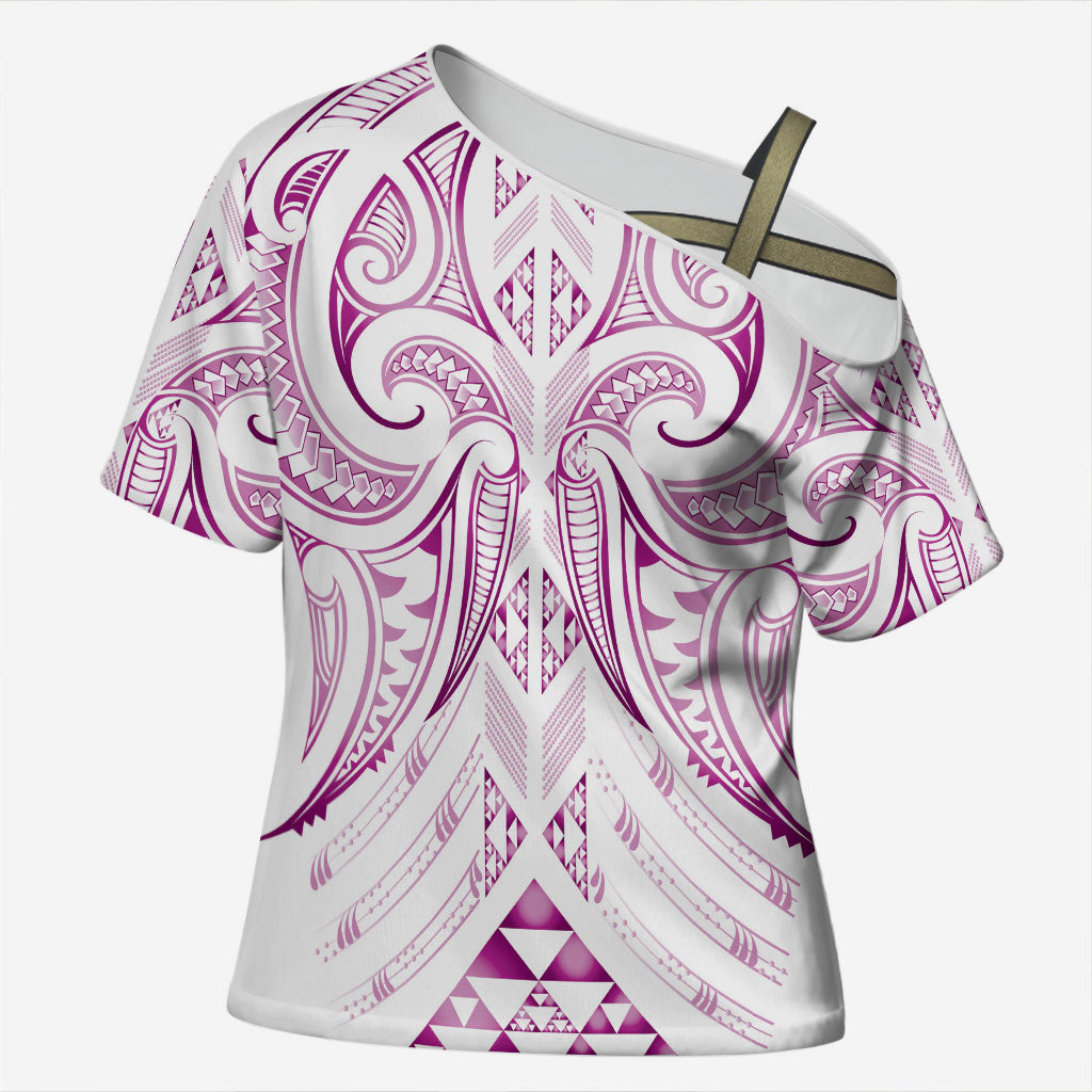 Maori Rugby Custom Ngaru Mangopare Cross Shoulder Shirt Mawhero Niho Taniwha Motif LT9 Female Pink - Polynesian Pride