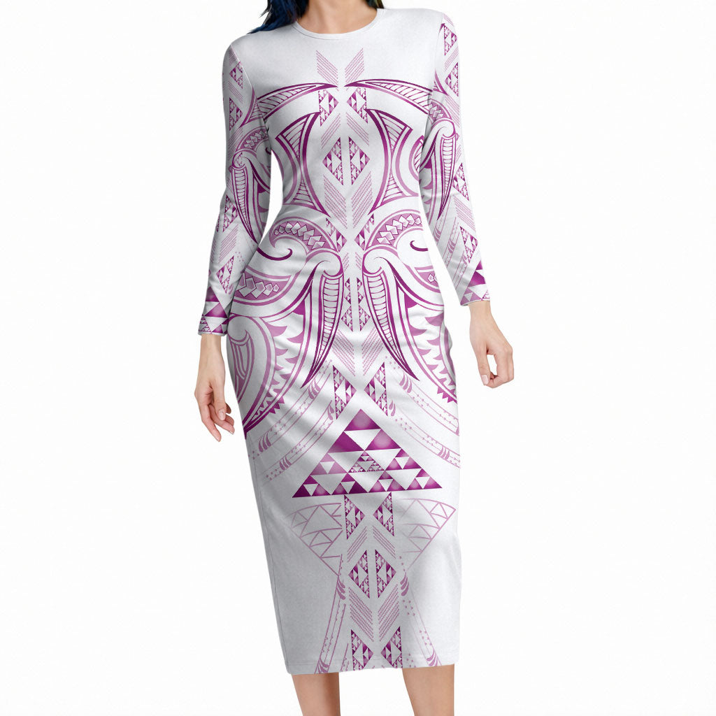 Maori Rugby Custom Ngaru Mangopare Long Sleeve Bodycon Dress Mawhero Niho Taniwha Motif LT9 Long Dress Pink - Polynesian Pride