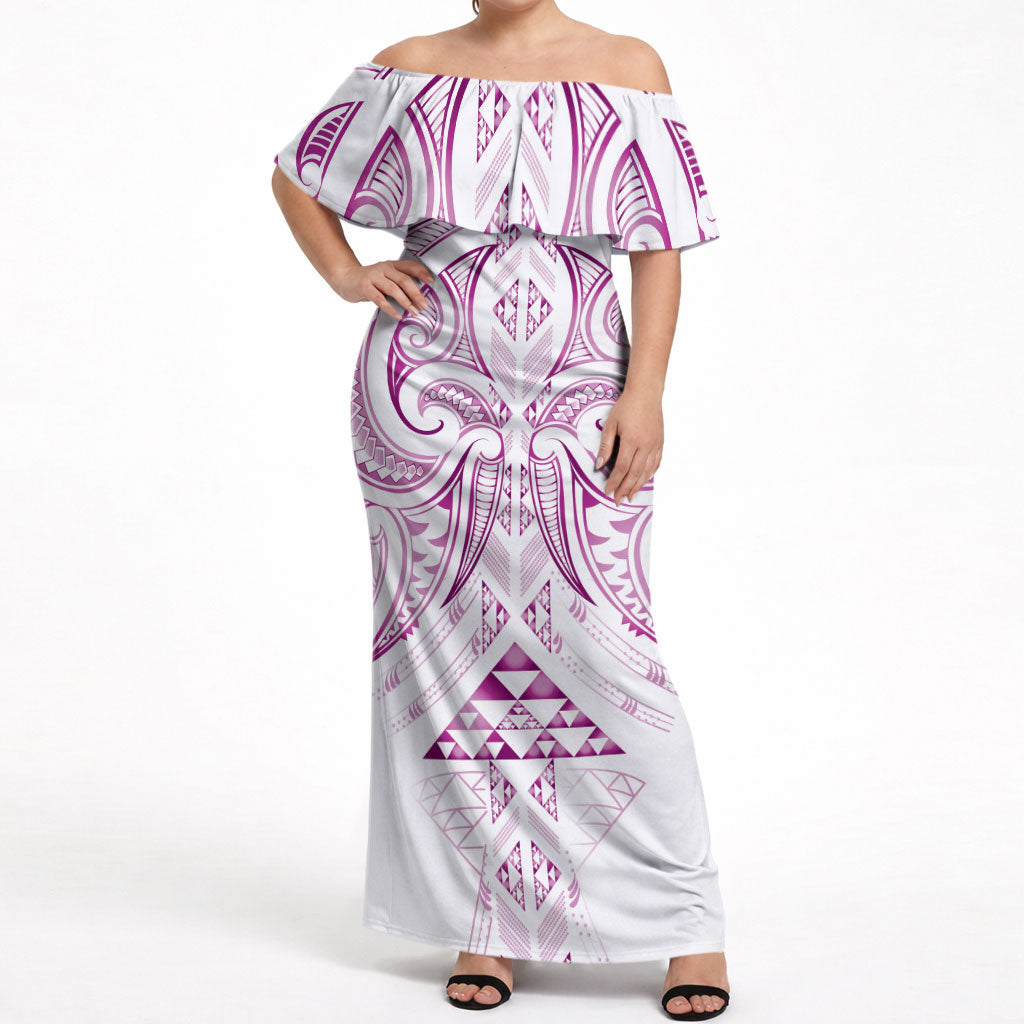 Maori Rugby Custom Ngaru Mangopare Off Shoulder Maxi Dress Mawhero Niho Taniwha Motif LT9 Women Pink - Polynesian Pride
