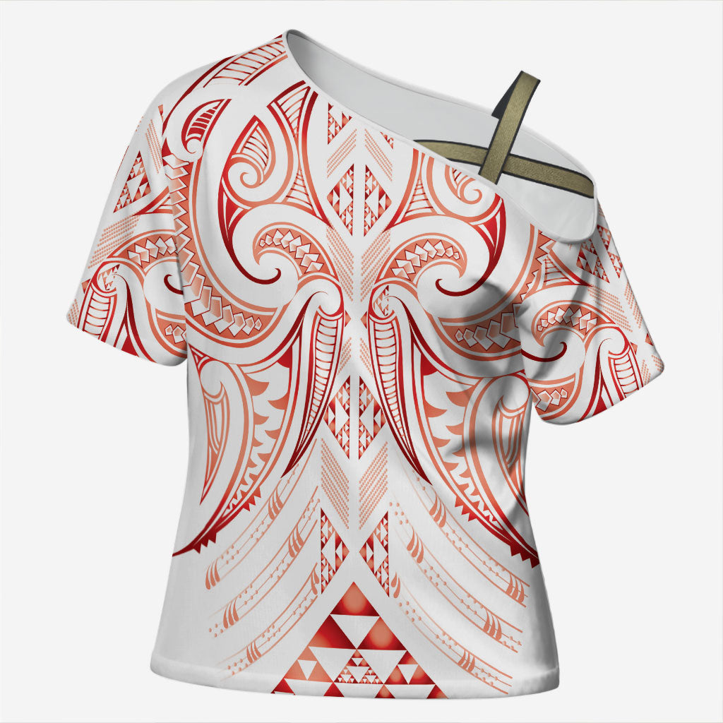 Maori Rugby Custom Ngaru Mangopare Cross Shoulder Shirt Whero Niho Taniwha Motif LT9 Female Red - Polynesian Pride