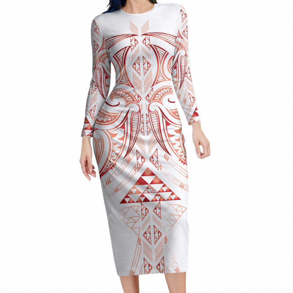 Maori Rugby Custom Ngaru Mangopare Long Sleeve Bodycon Dress Whero Niho Taniwha Motif LT9 Long Dress Red - Polynesian Pride