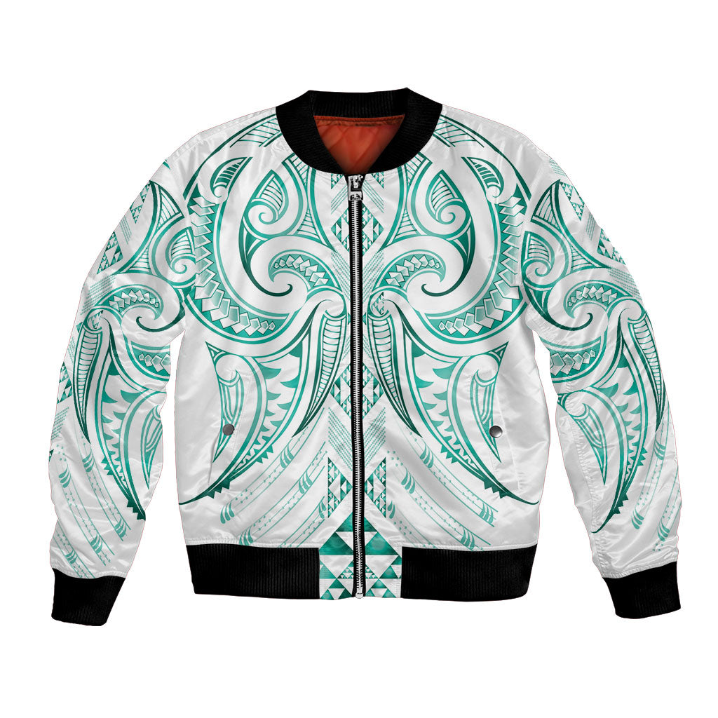 Maori Rugby Custom Ngaru Mangopare Bomber Jacket Karikiorangi Taniwha Motif LT9 Unisex Turquoise - Polynesian Pride