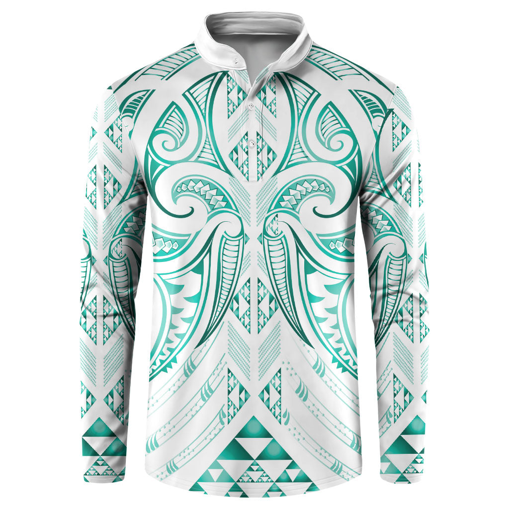 Maori Rugby Custom Ngaru Mangopare Button Sweatshirt Karikiorangi Taniwha Motif LT9 Turquoise - Polynesian Pride