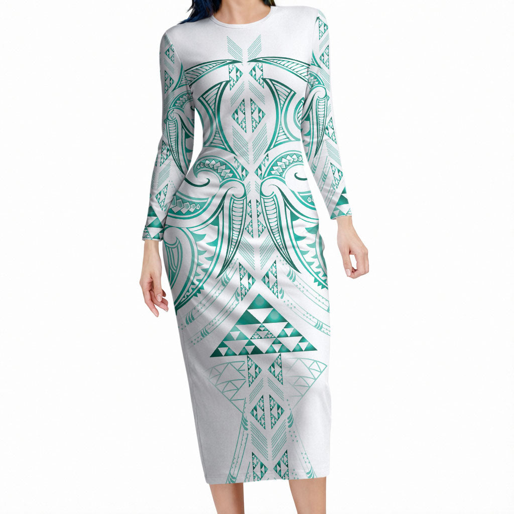 Maori Rugby Custom Ngaru Mangopare Long Sleeve Bodycon Dress Karikiorangi Taniwha Motif LT9 Long Dress Turquoise - Polynesian Pride