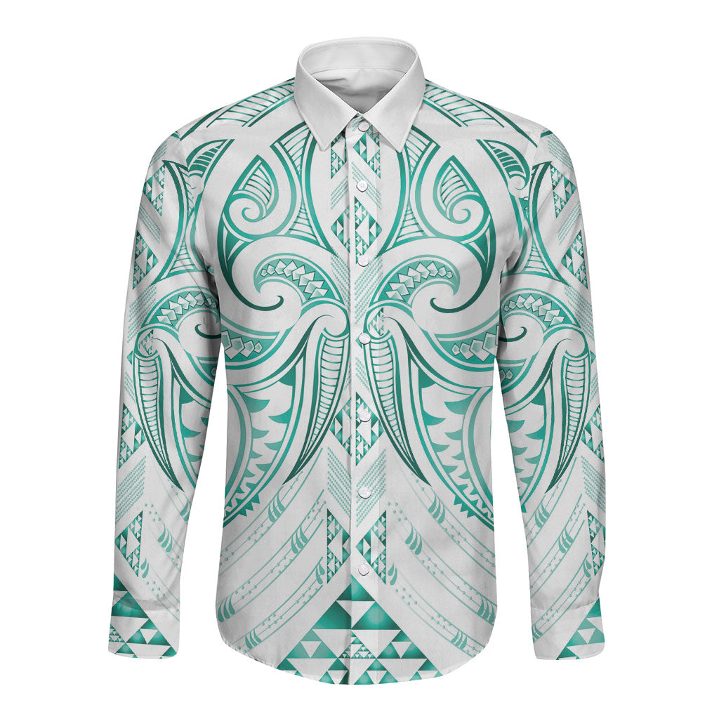 Maori Rugby Custom Ngaru Mangopare Long Sleeve Button Shirt Karikiorangi Taniwha Motif LT9 Unisex Turquoise - Polynesian Pride